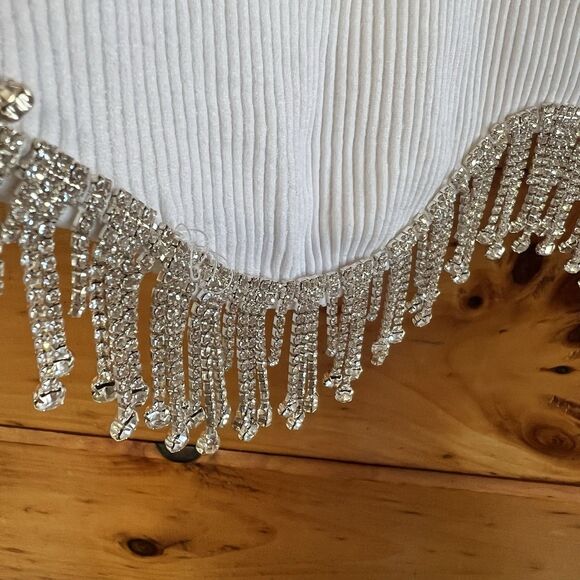 ZARA White Ribbed Knitted Tank Rhinestone Fringe Sleeveless Crop Top M-L  NWT - Picture 2 of 5